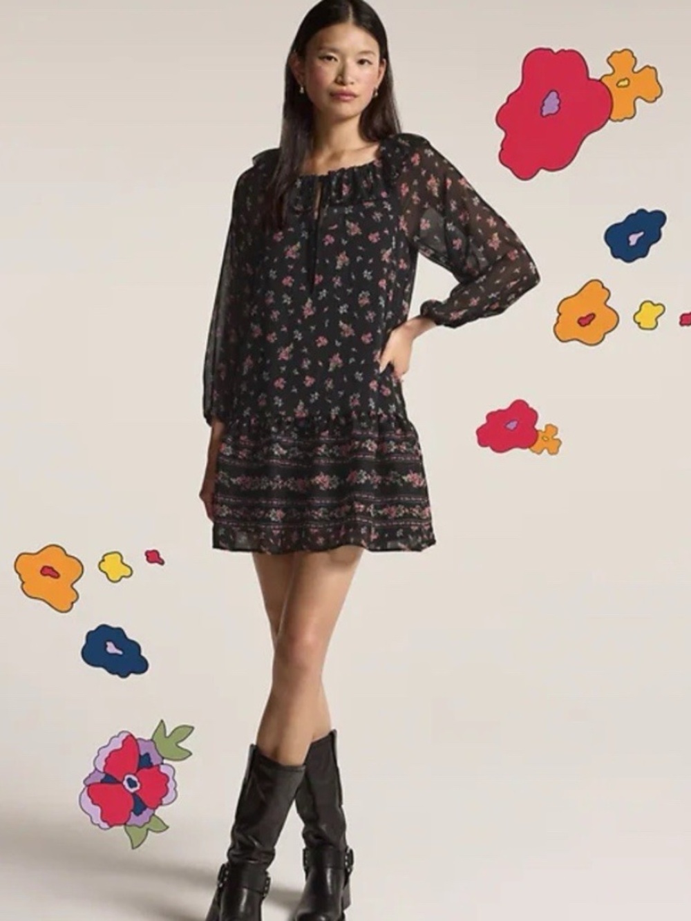 Old Navy X Anna Sui Chiffon Tiered Ruffle Mini Dress Size XL Dark Floral Boho